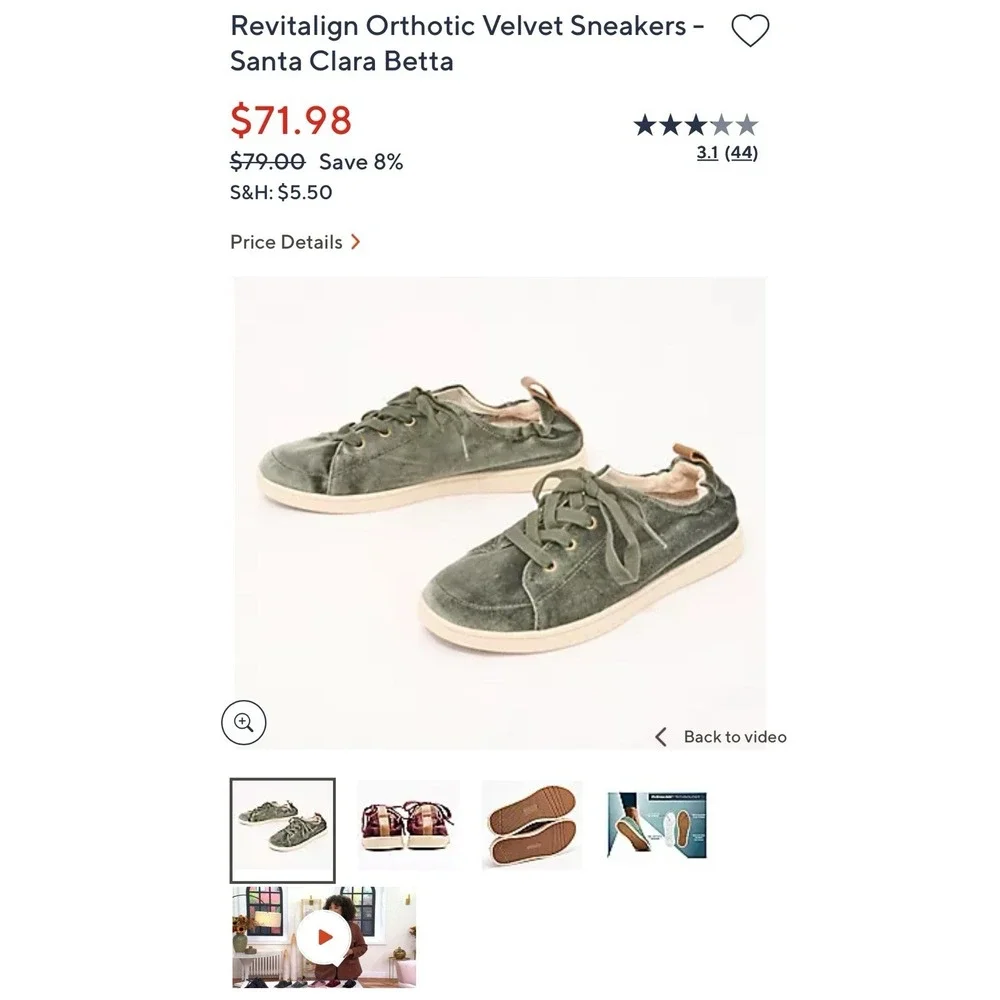 Revitalign Sage Green Velvet Orthotic Santa Clara Betta Sneakers Women's Size‎ 9